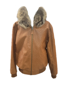 Men's Cognac ostrich bomber jacket trimmed with fox