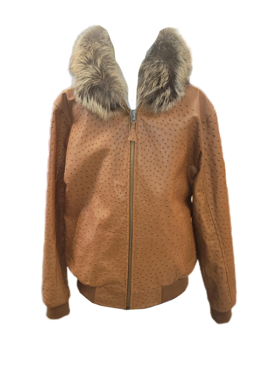 Men's Cognac ostrich bomber jacket trimmed with fox